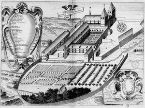 Gravert plate fra 1600-tallet som representerer klosteret Saint-Pé-de-Bigorre, i boken Monasticon Gallicanum